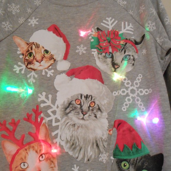 Freeze Flashing Lights Cat Christmas Sweatshirt (Bust 19") - Picture 3 of 10